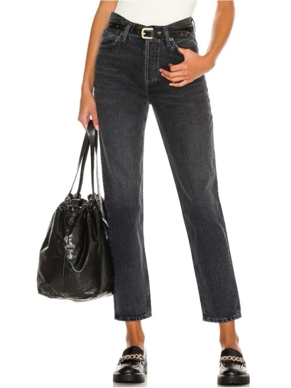 AGOLDE Fen High Rise Relaxed Taper Jeans Shambles 25 Black Cotton Denim